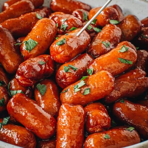 Crockpot little smokies in a bowl.