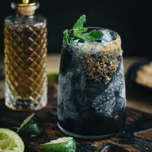 Black margarita with a brown sugar rim and mint leaf garnish.