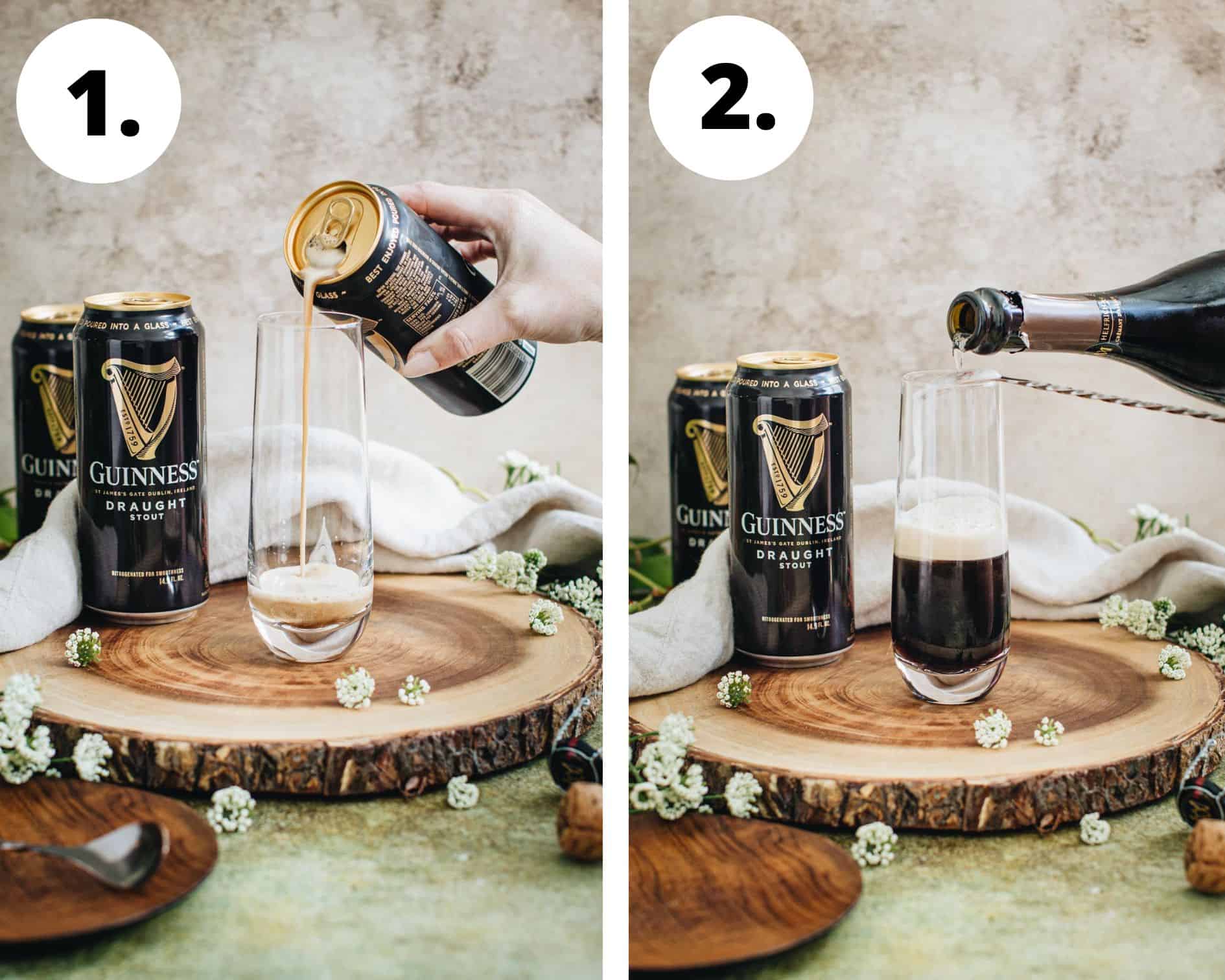 How to make a black velvet drink steps 1 and 2.