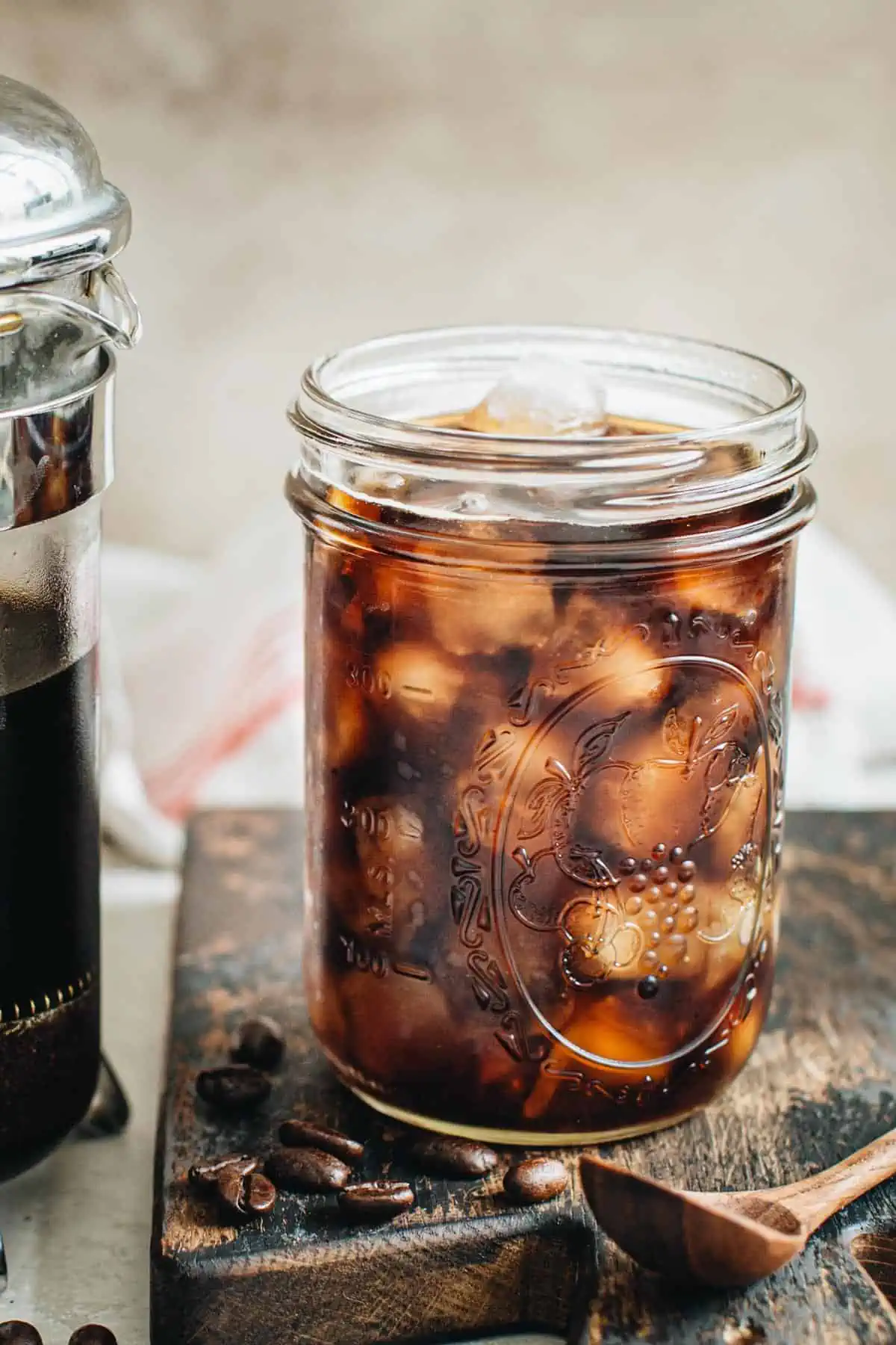 French press cold brew coffee in a mason jar.