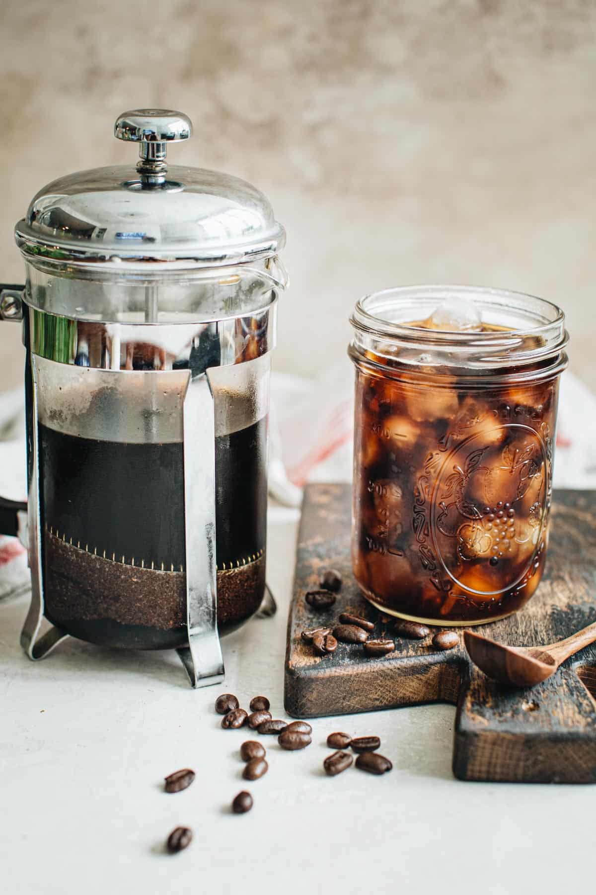 Cold brew in the French press and in a glass over ice.