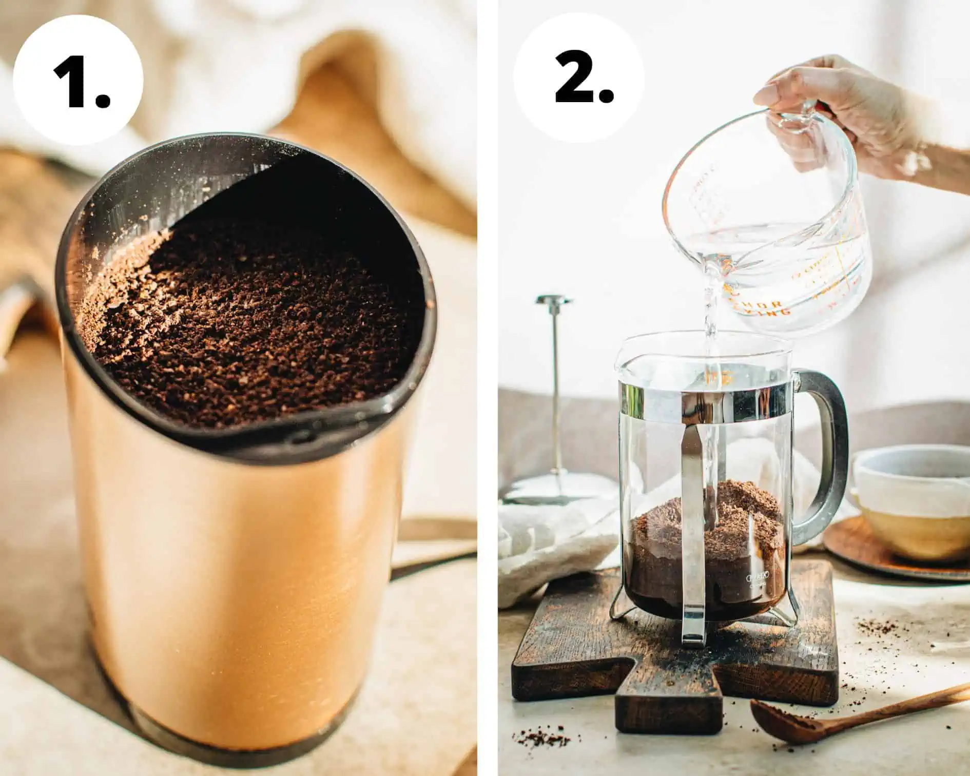 How to make cold brew in the French Press steps 1 and 2.