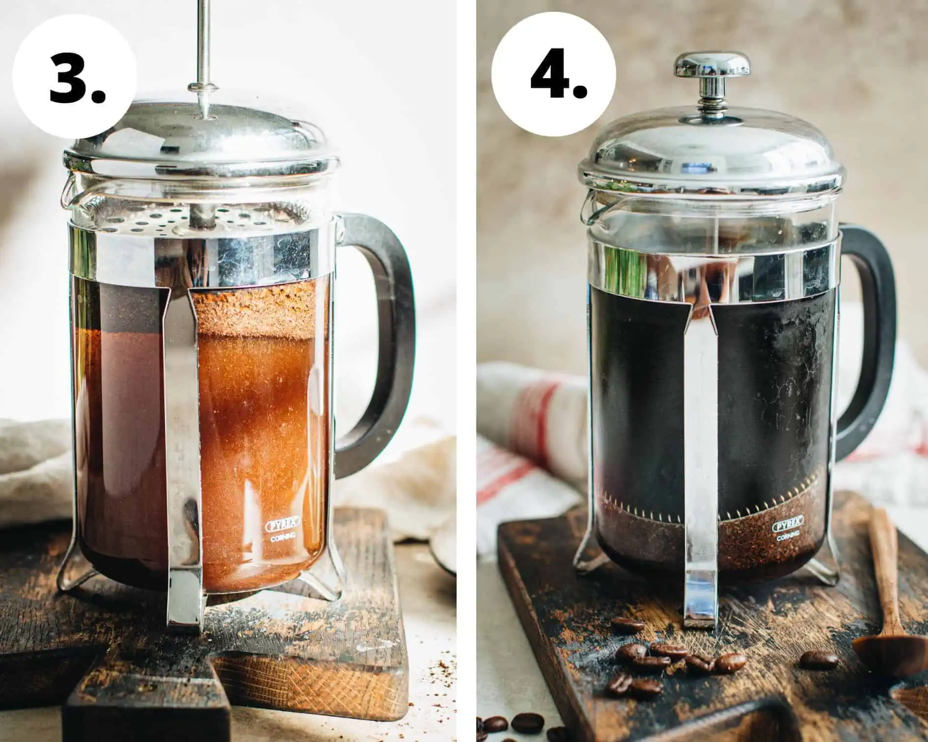 French press cold brew process steps 3 and 4.