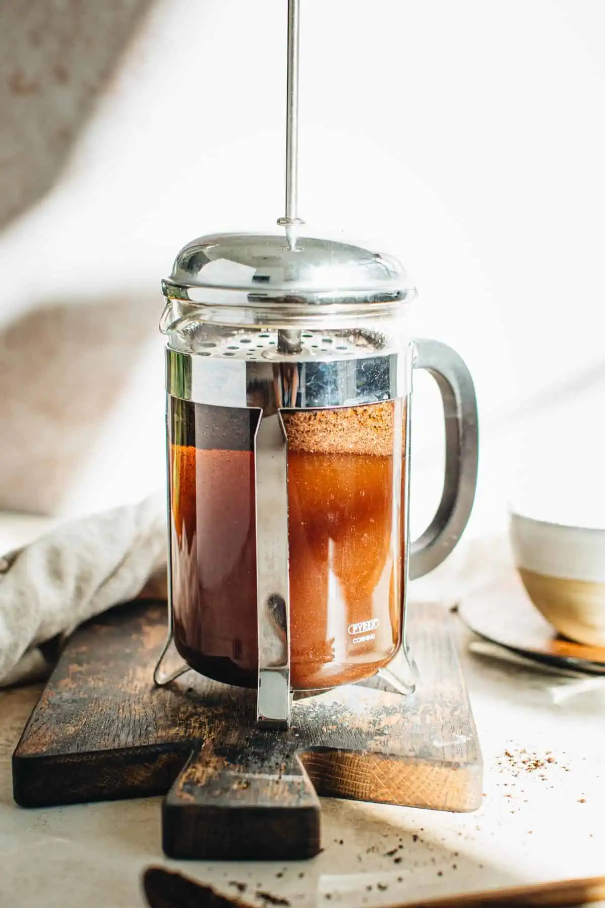 French press cold brew in the steeping stage.