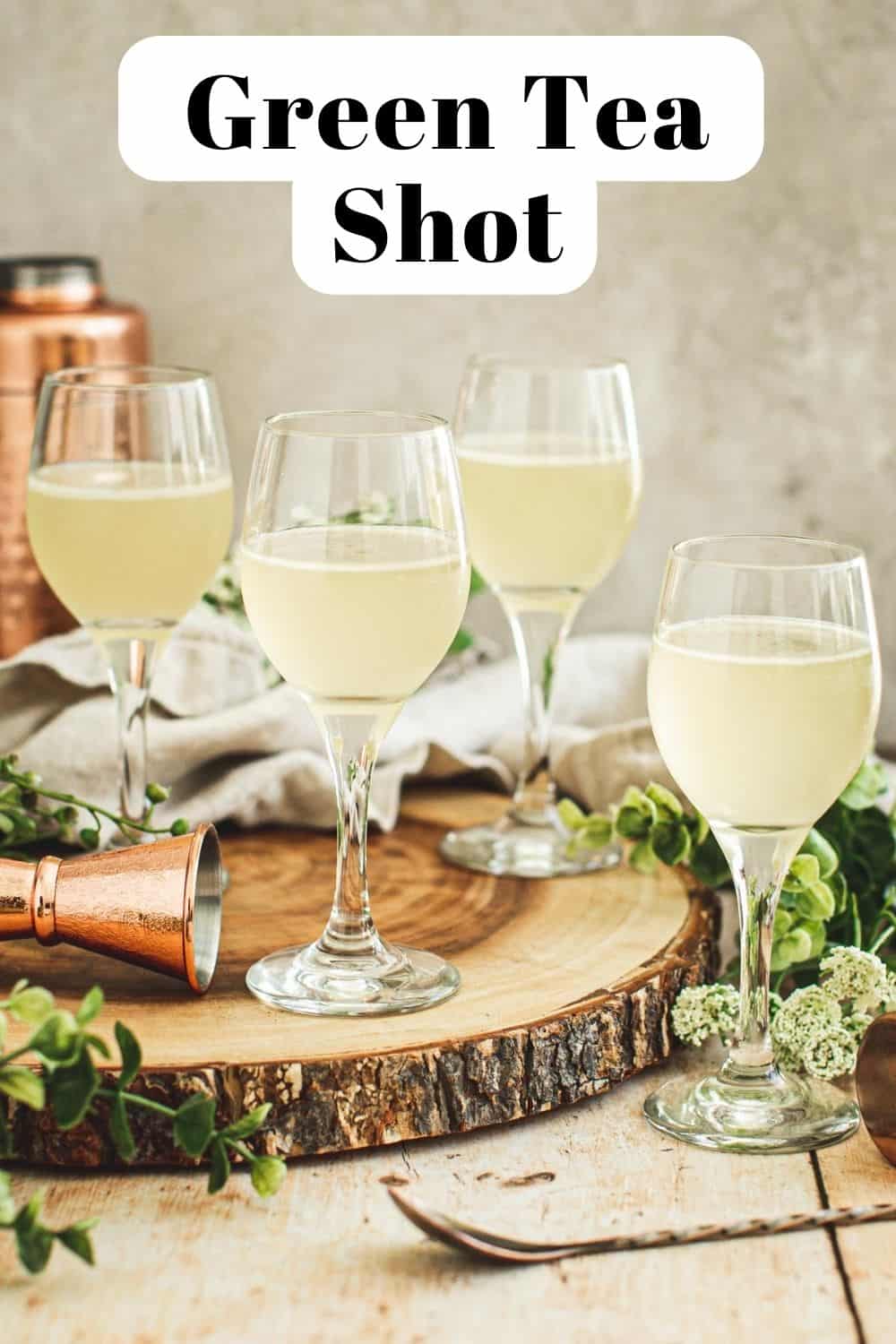 Green tea shots in shot glasses.