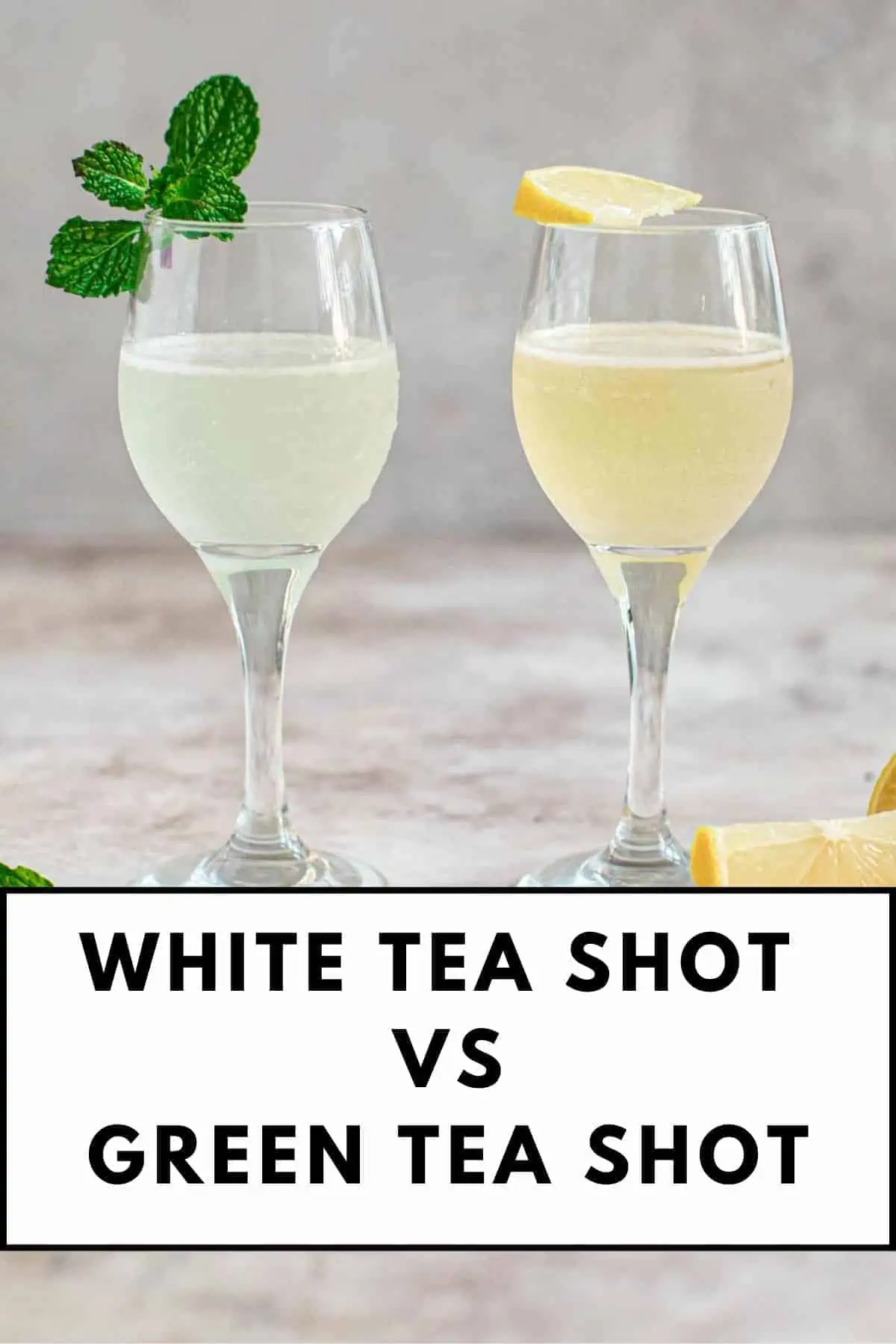 Green tea shot standing next to a white tea shot.