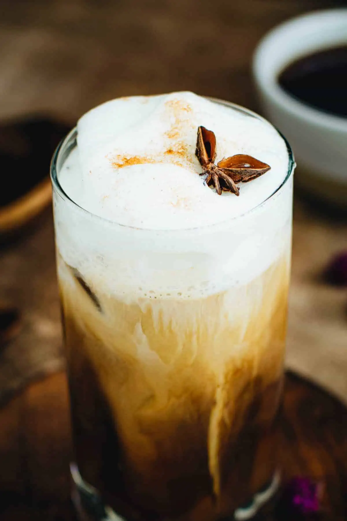 Iced coffee with instant coffee and topped with cold foam.