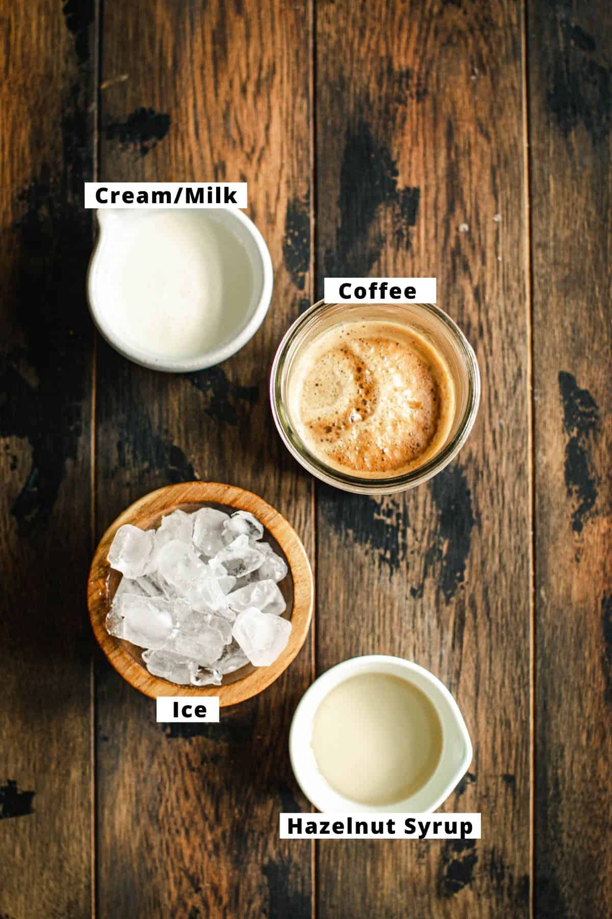 Iced hazelnut coffee ingredients.