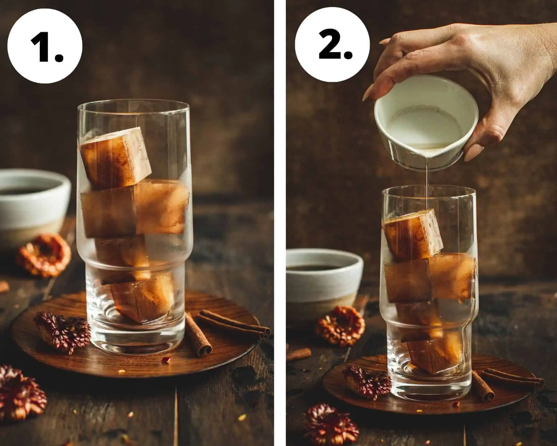 How to make iced hazelnut coffee at home steps 1 and 2.