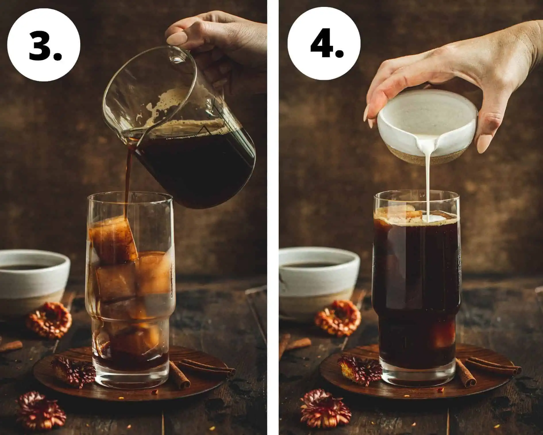 Process steps 3 and 4 for making iced hazelnut coffee at home.