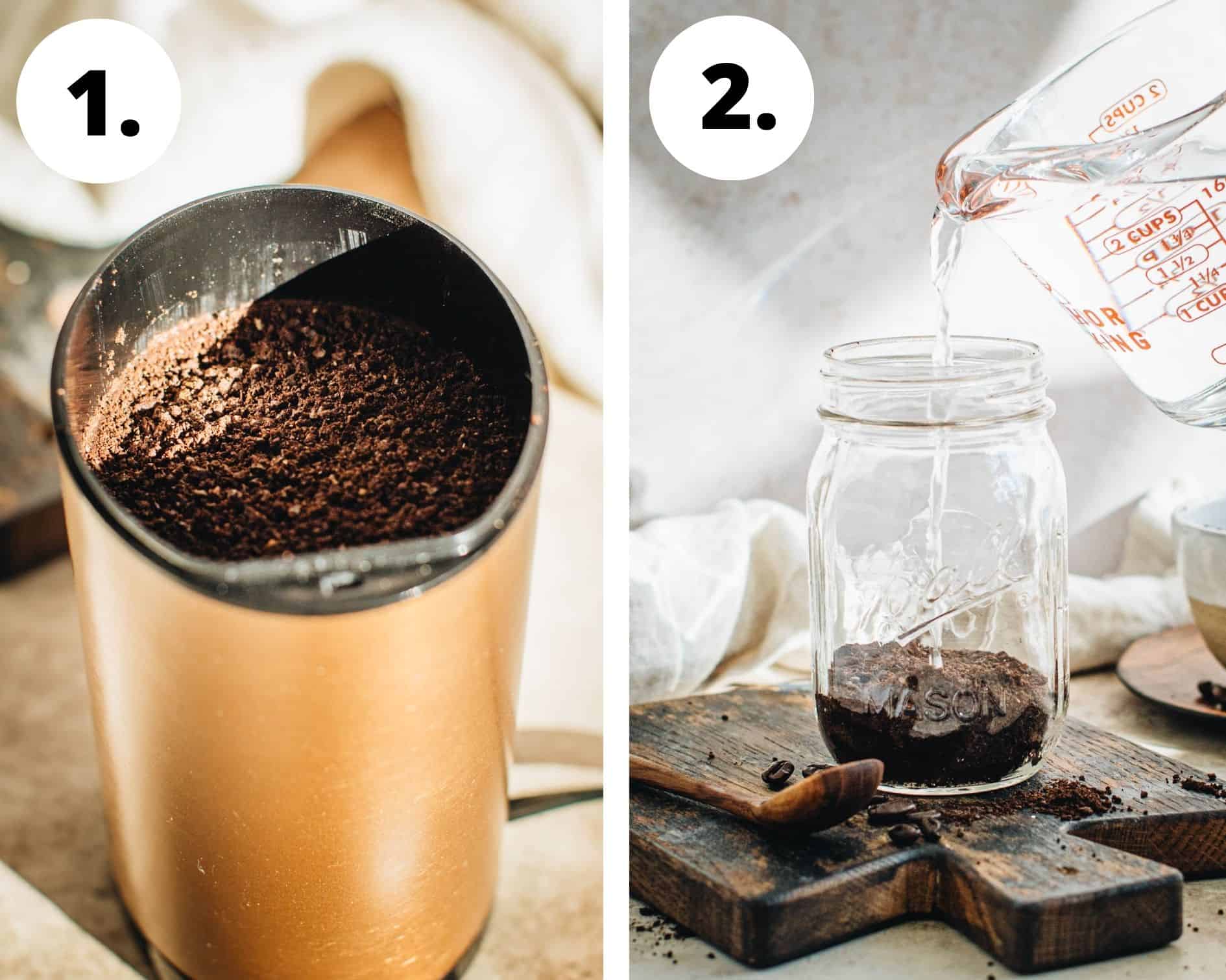 How to make cold brew in a mason jar steps 1 and 2.