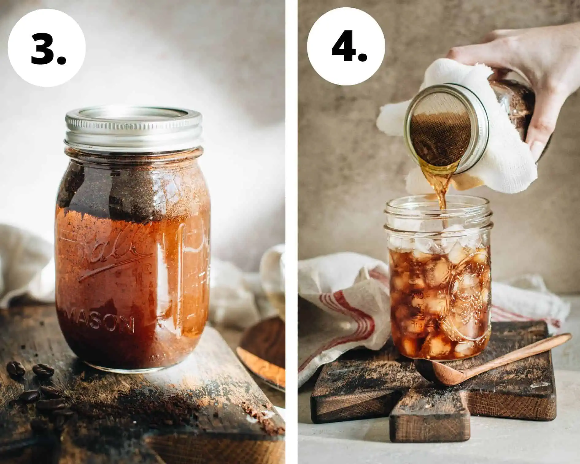 Mason jar cold brew process steps 3 and 4.