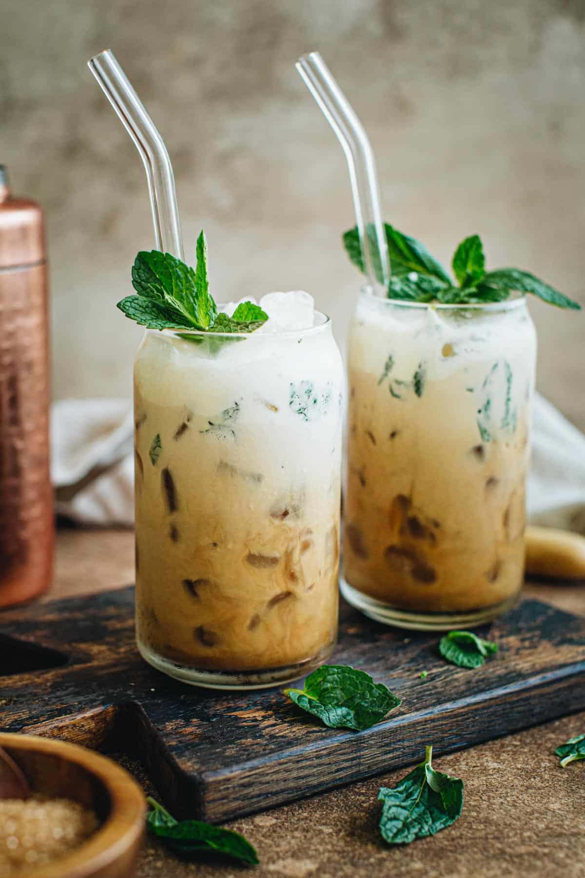 Mint mojito coffee with fresh mint leaves for garnish.