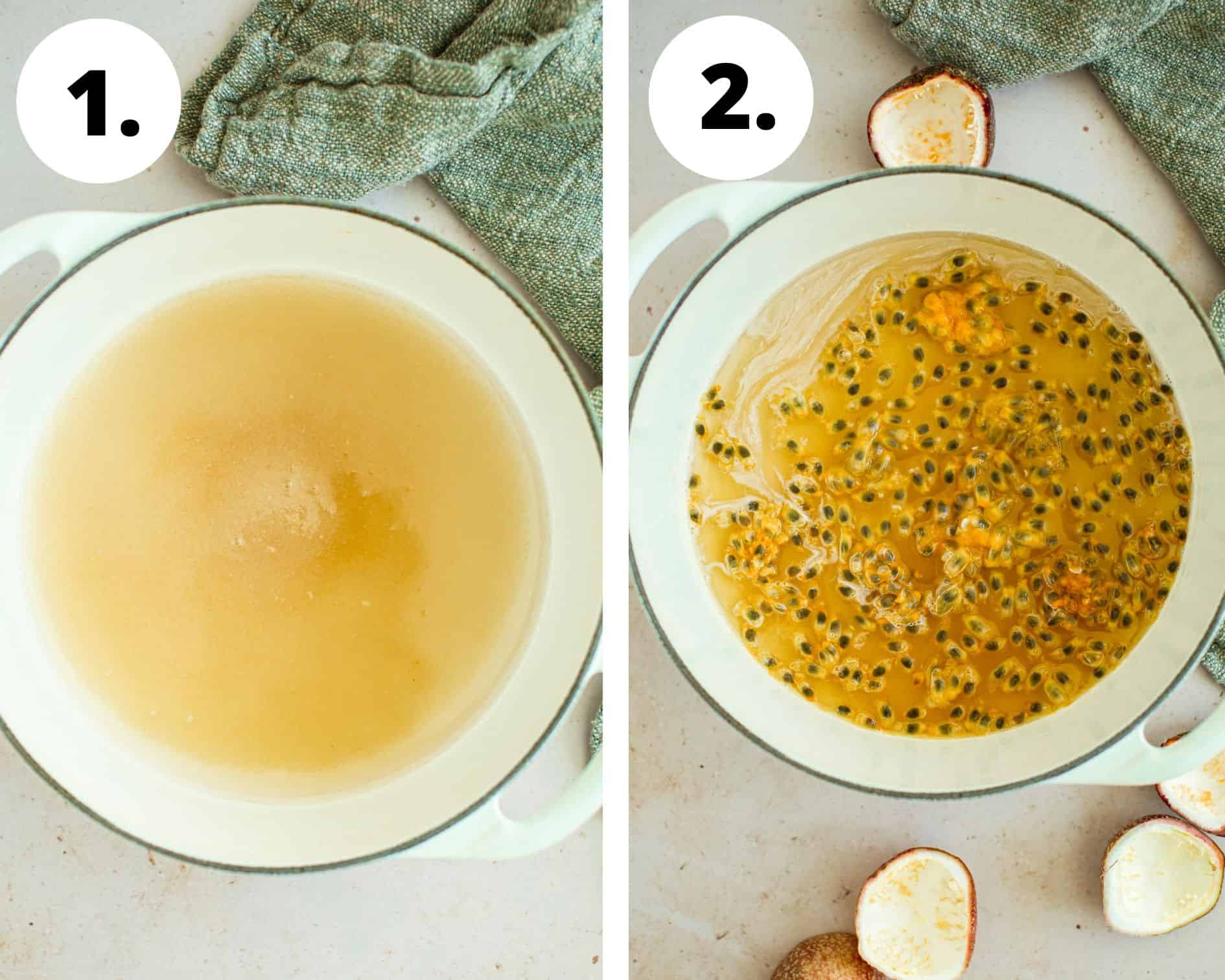 Process steps 1 and 2 for making passion fruit syrup.