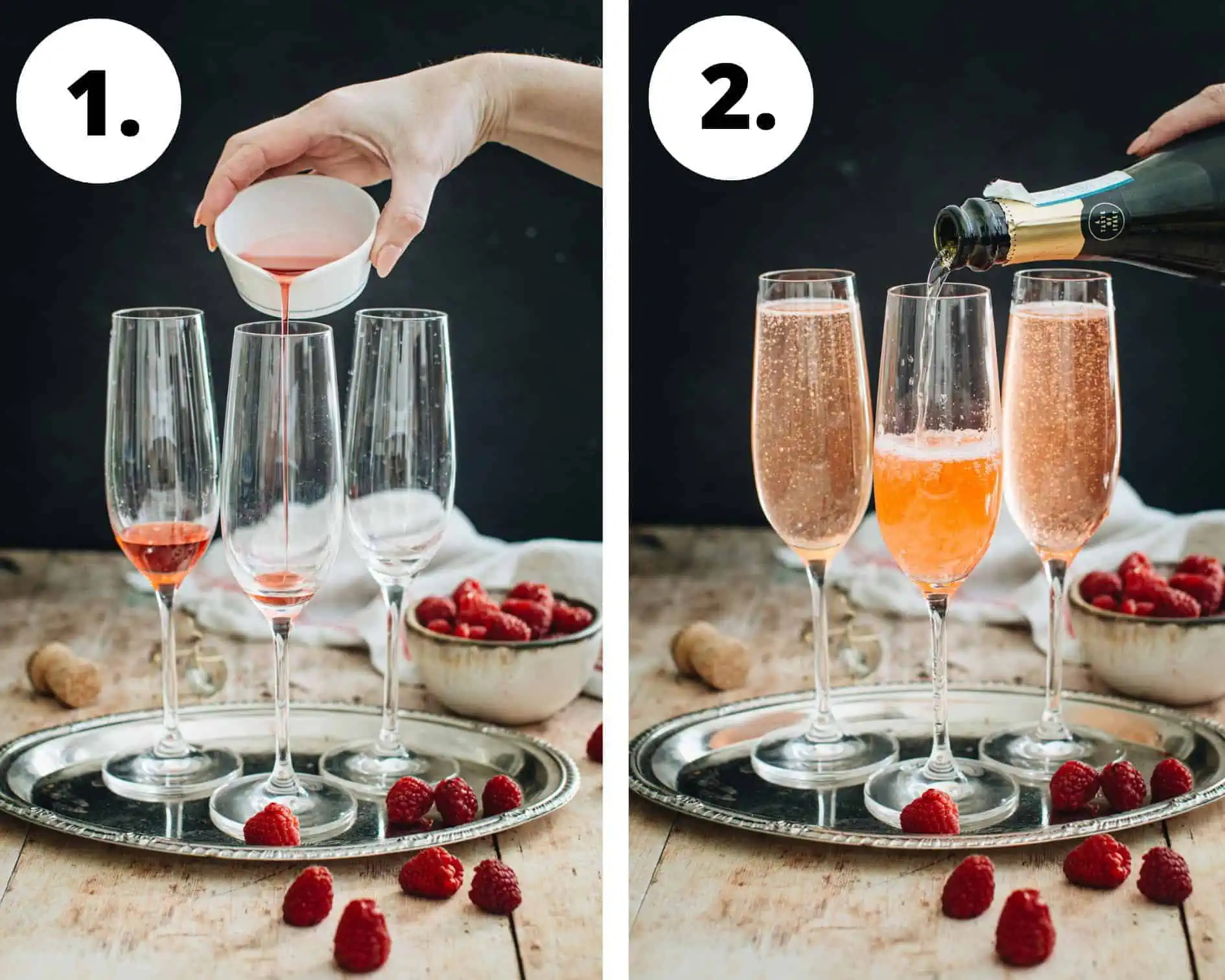 Raspberry champagne cocktail process steps 1 and 2.