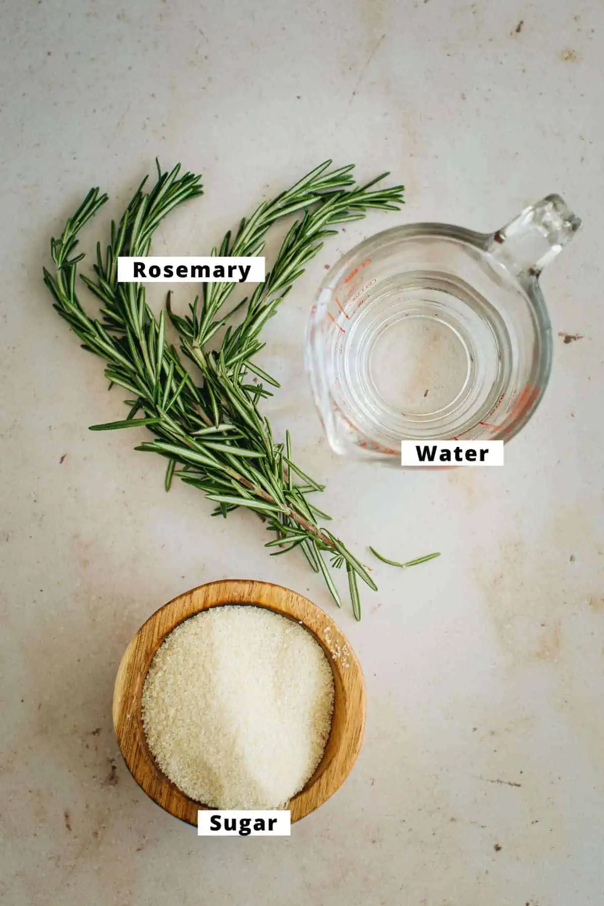 Rosemary simple syrup ingredients.