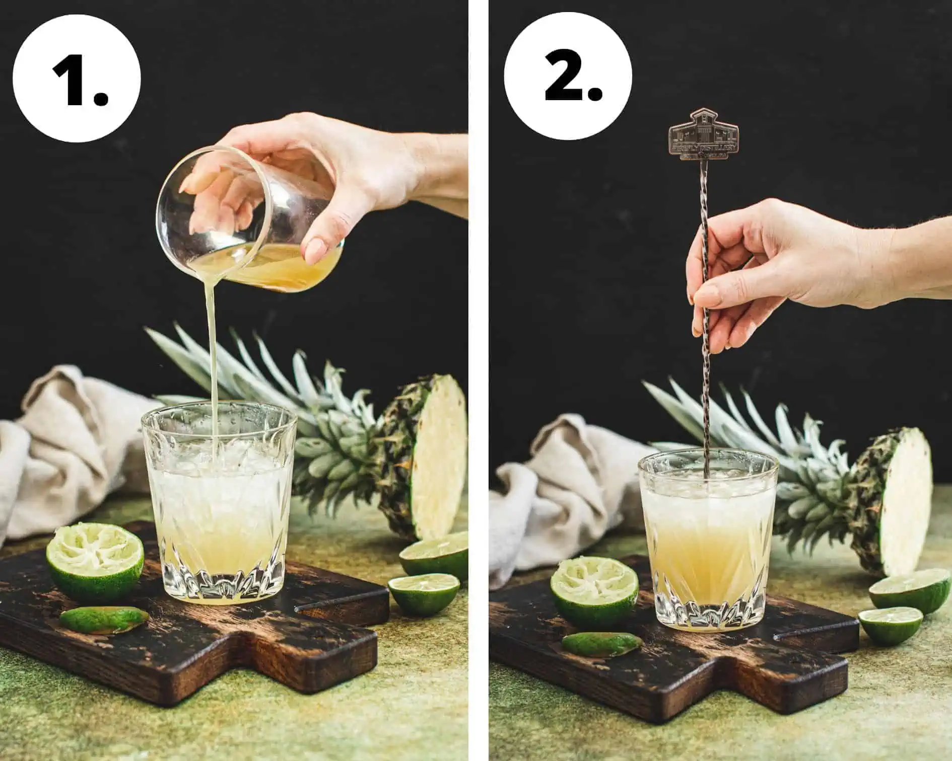 Vodka pineapple juice cocktail process steps 1 and 2.