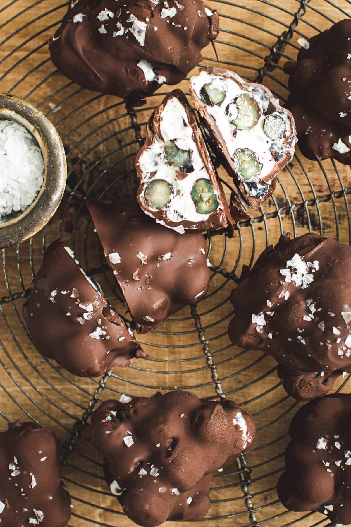 Chocolate covered blueberry clusters.