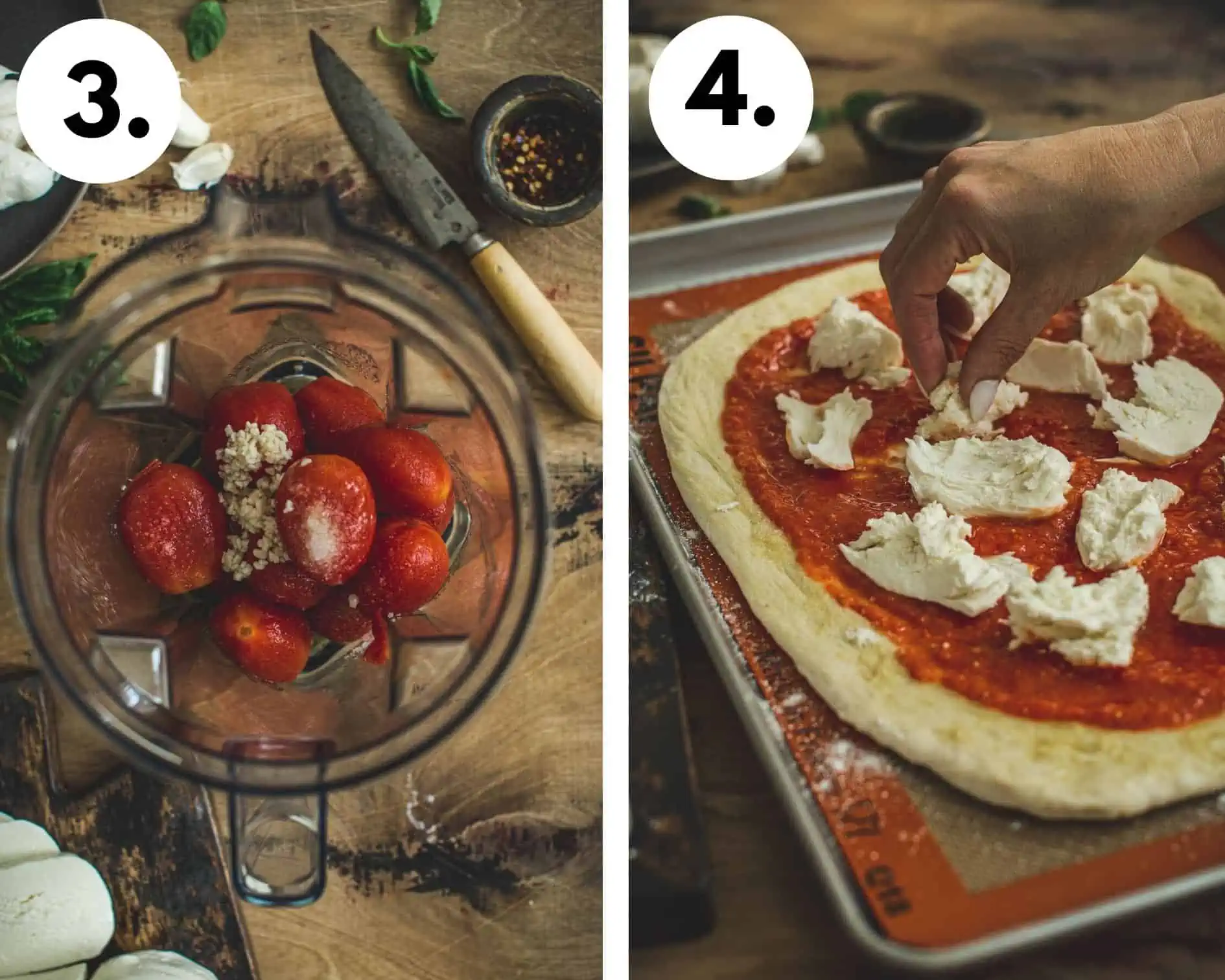 Homemade Margherita pizza steps 3 and 4.