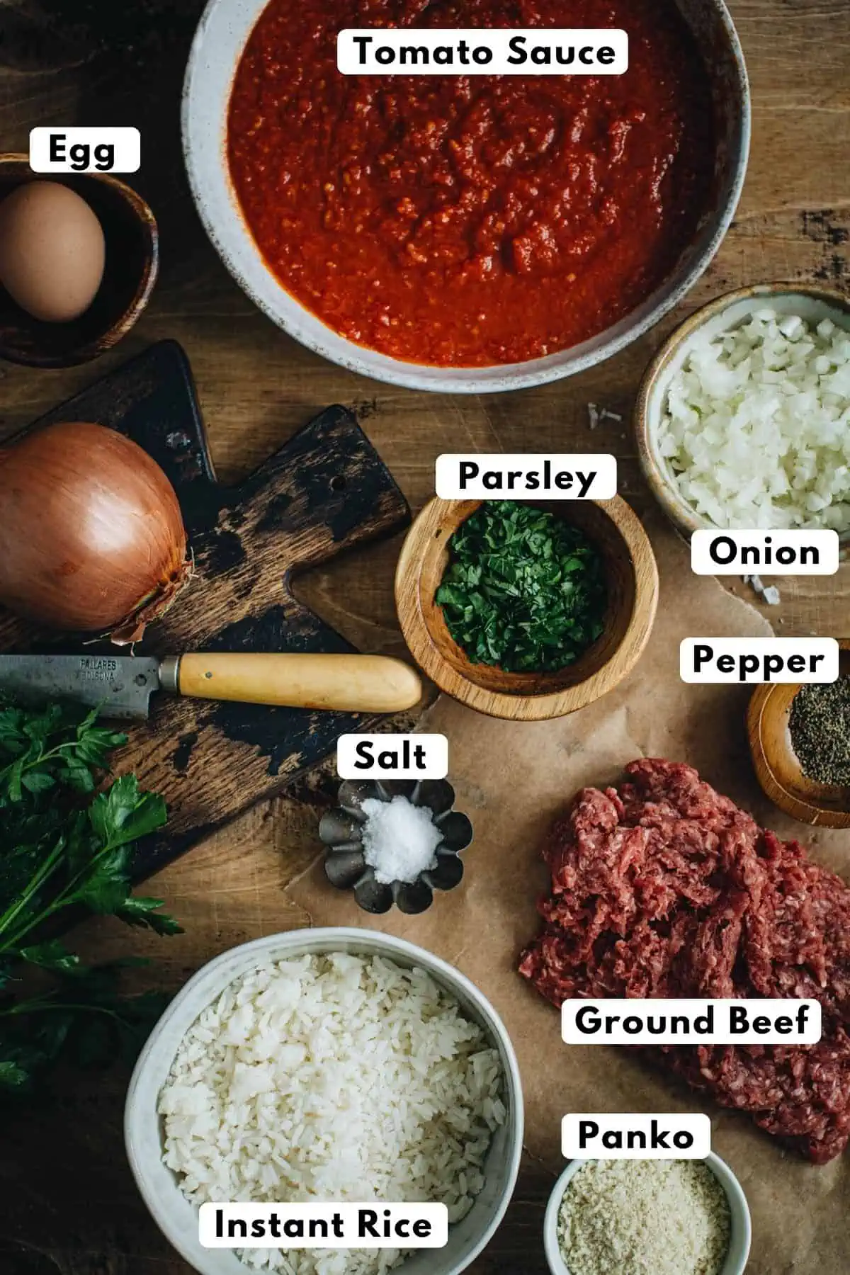 Meatballs and rice ingredients.