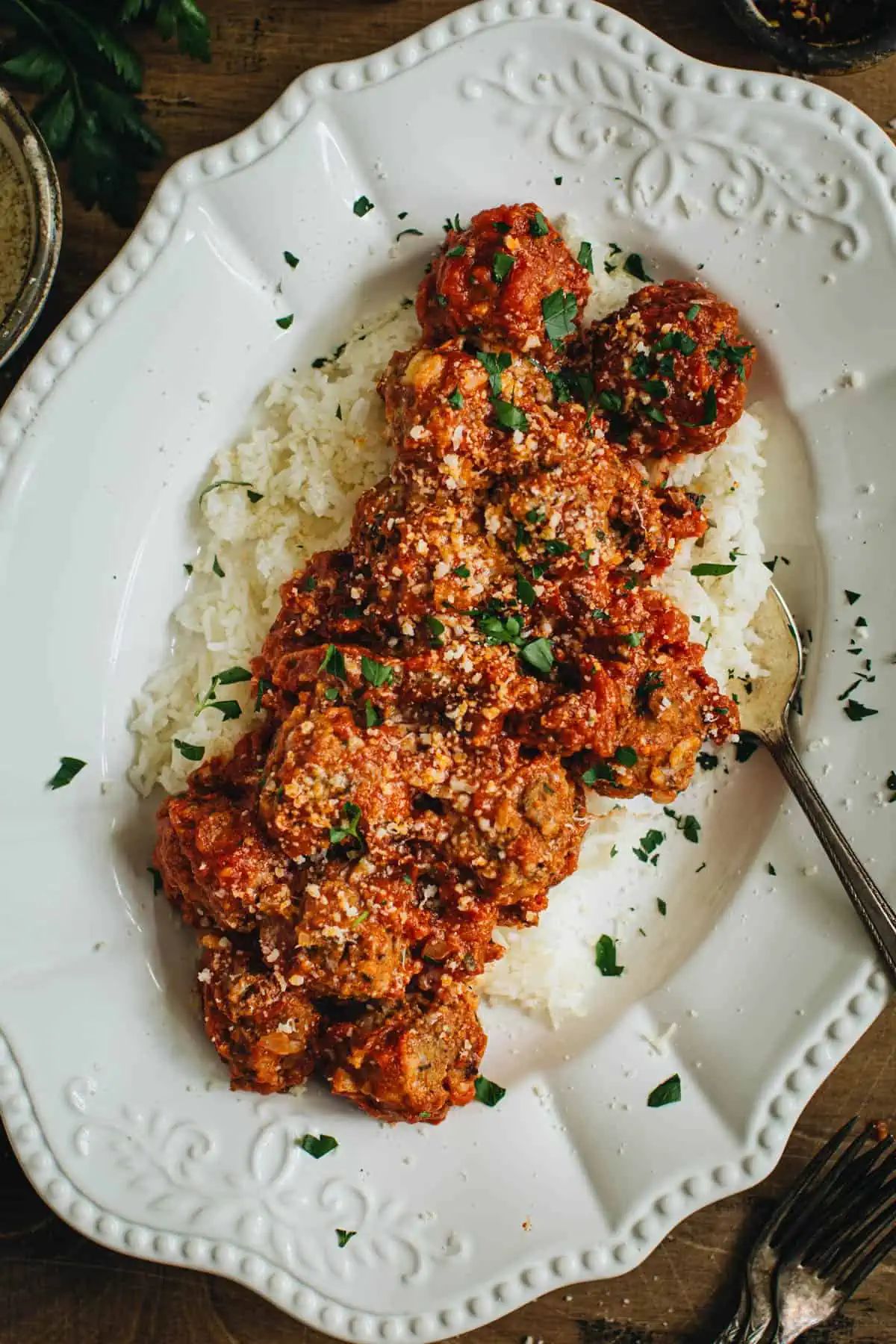 One pot meatballs and rice on a platter.