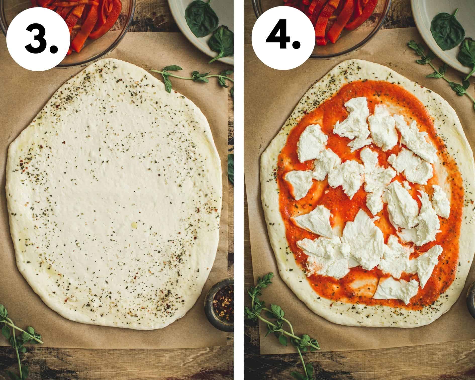 Process steps 3 and 4 for making red pepper pizza.