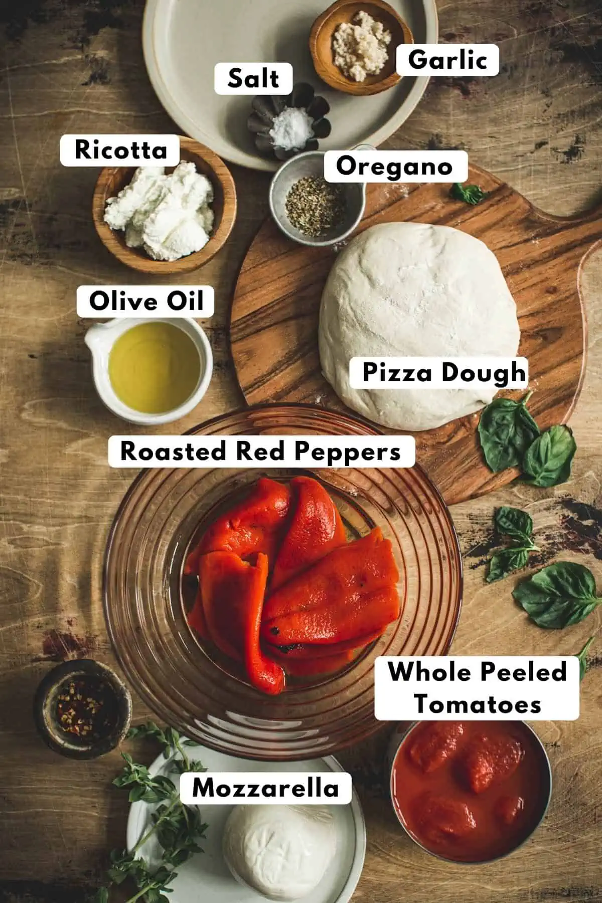Red pepper pizza ingredients.