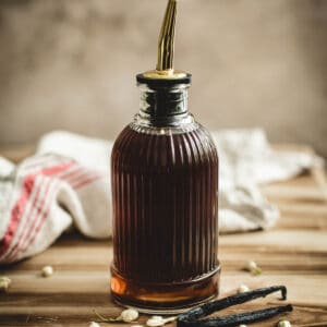 Vanilla syrup for coffee in a bottle.