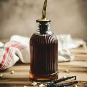 Vanilla syrup for coffee in a bottle.