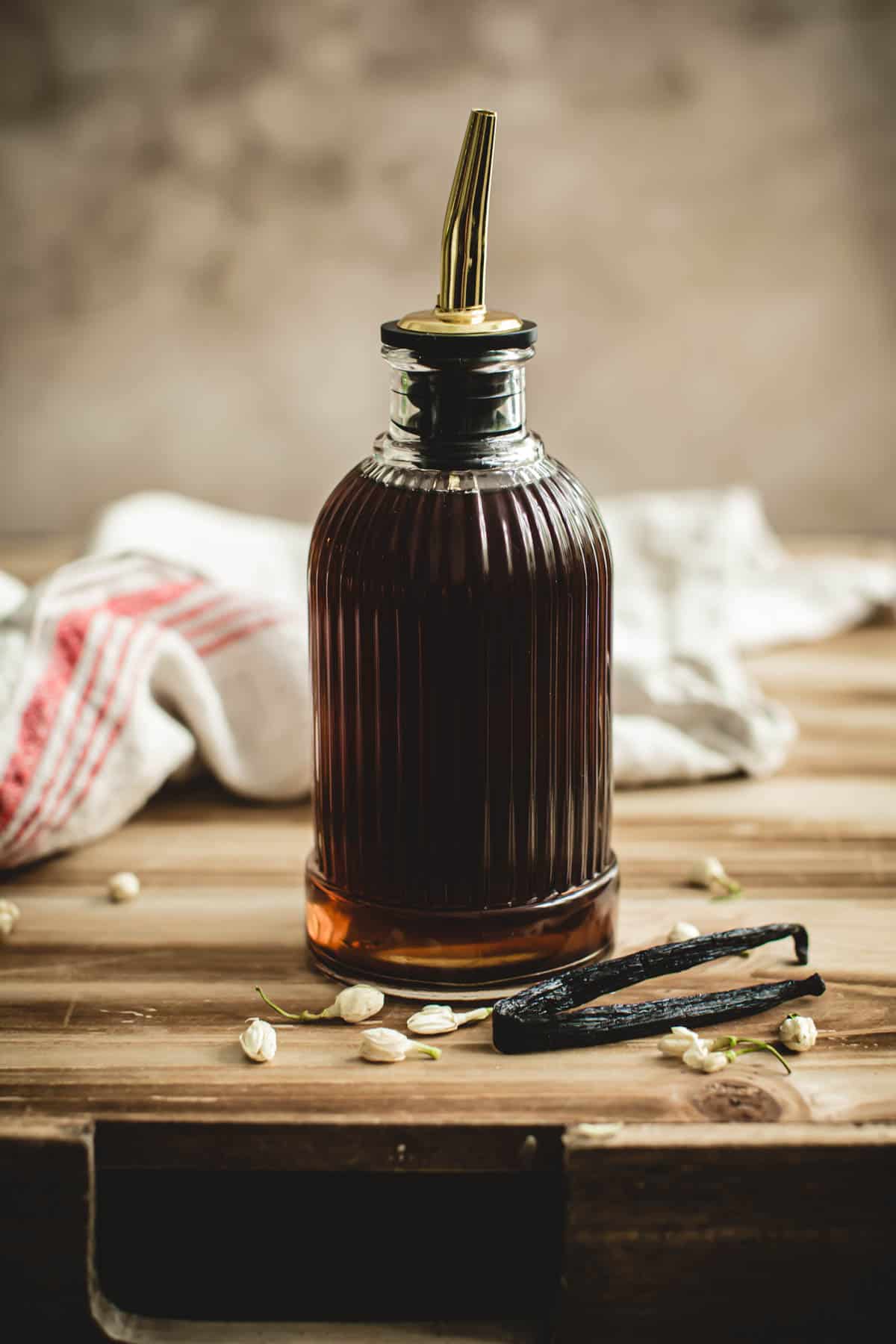 Vanilla syrup for coffee in a bottle.