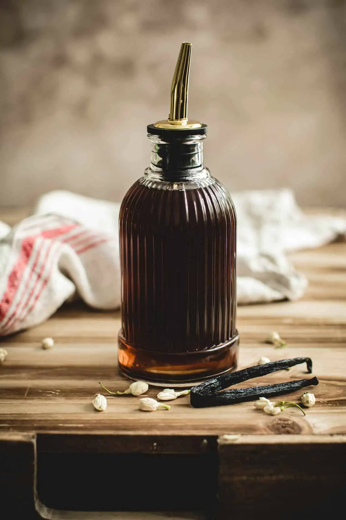 Vanilla syrup for coffee in a bottle.