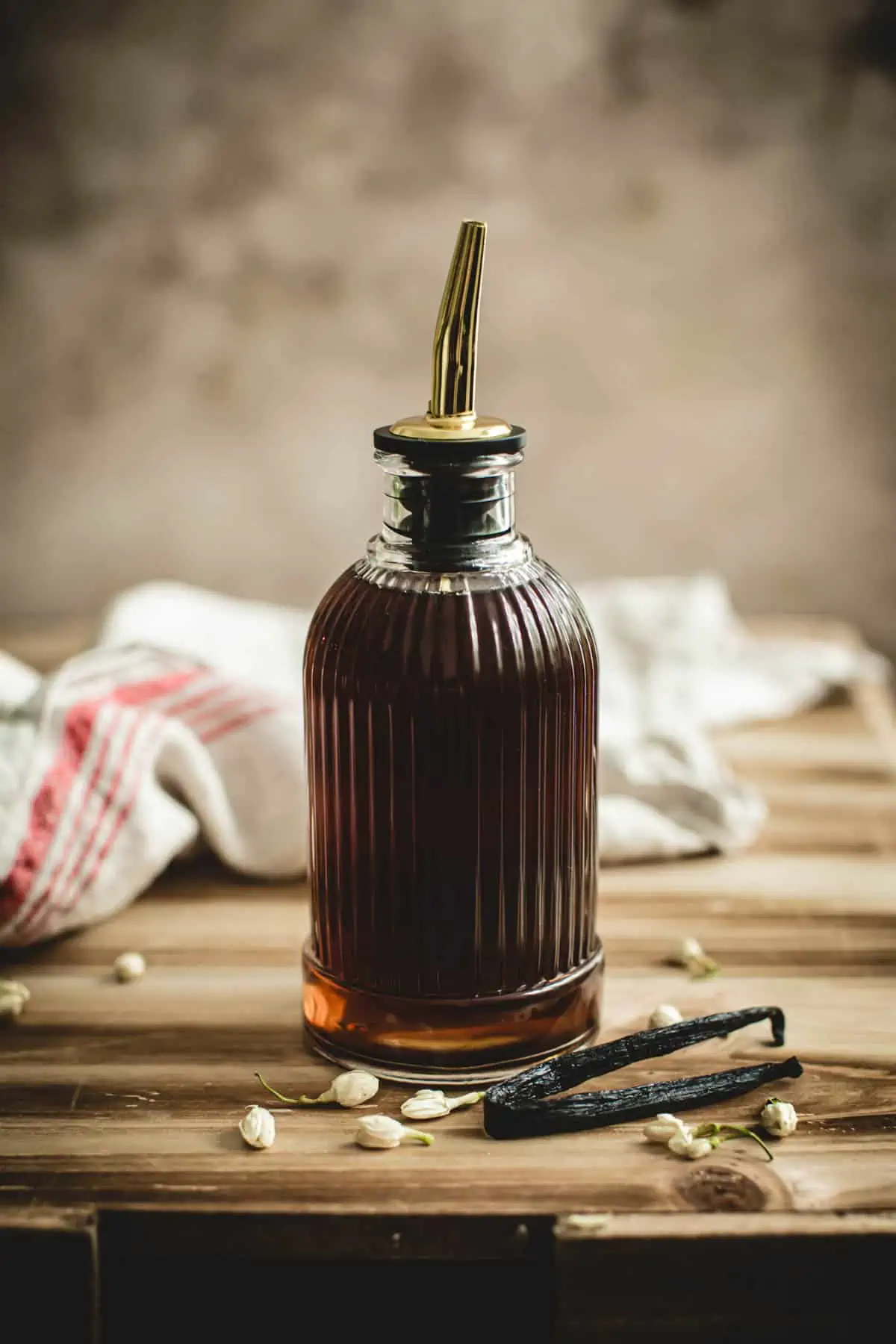 Vanilla syrup for coffee in a bottle with a stopper.