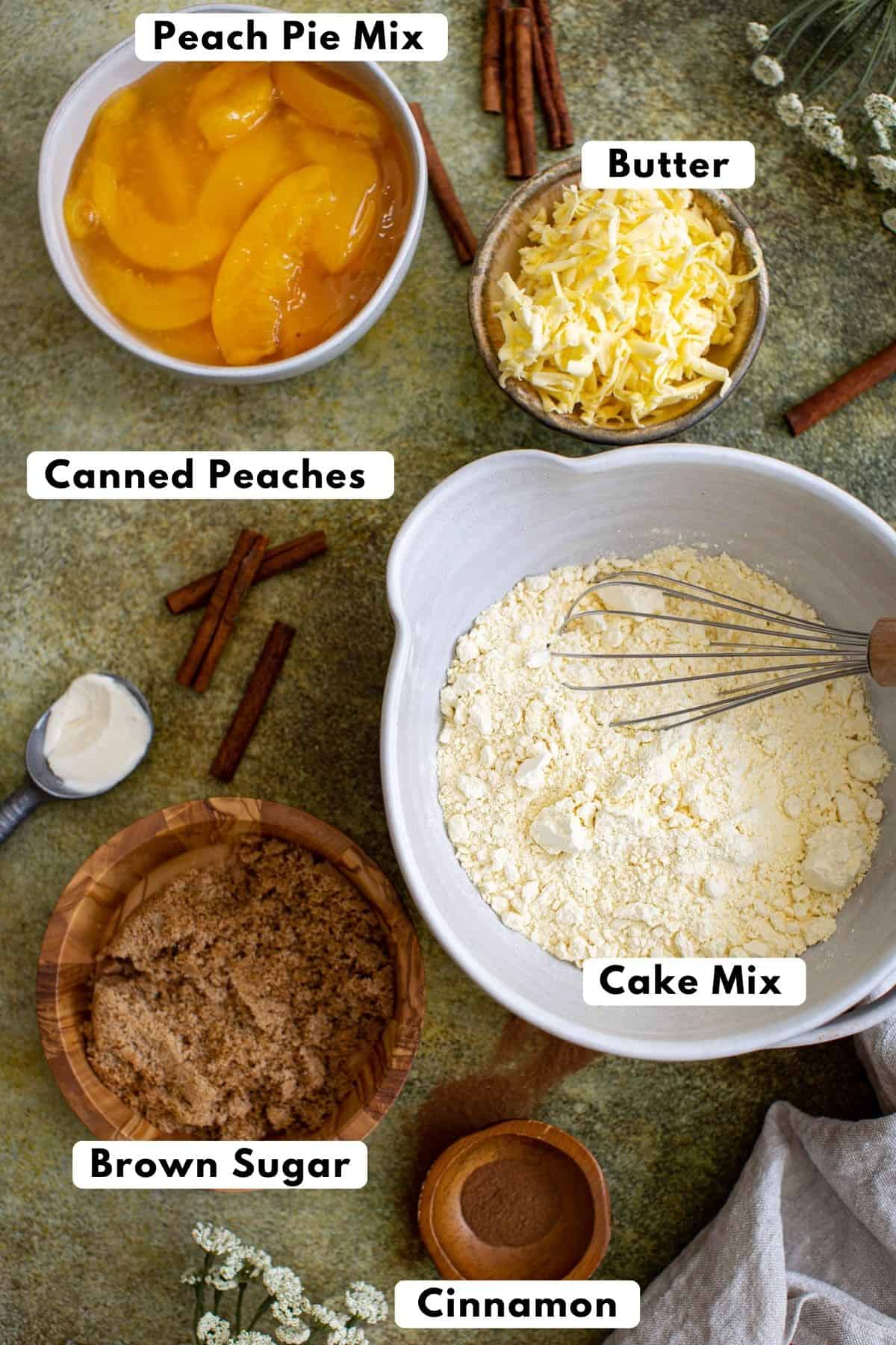 Peach cobbler with cake mix ingredients.
