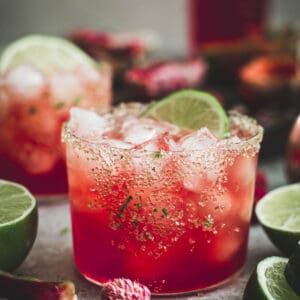 Prickly pear margarita with a salted rim.