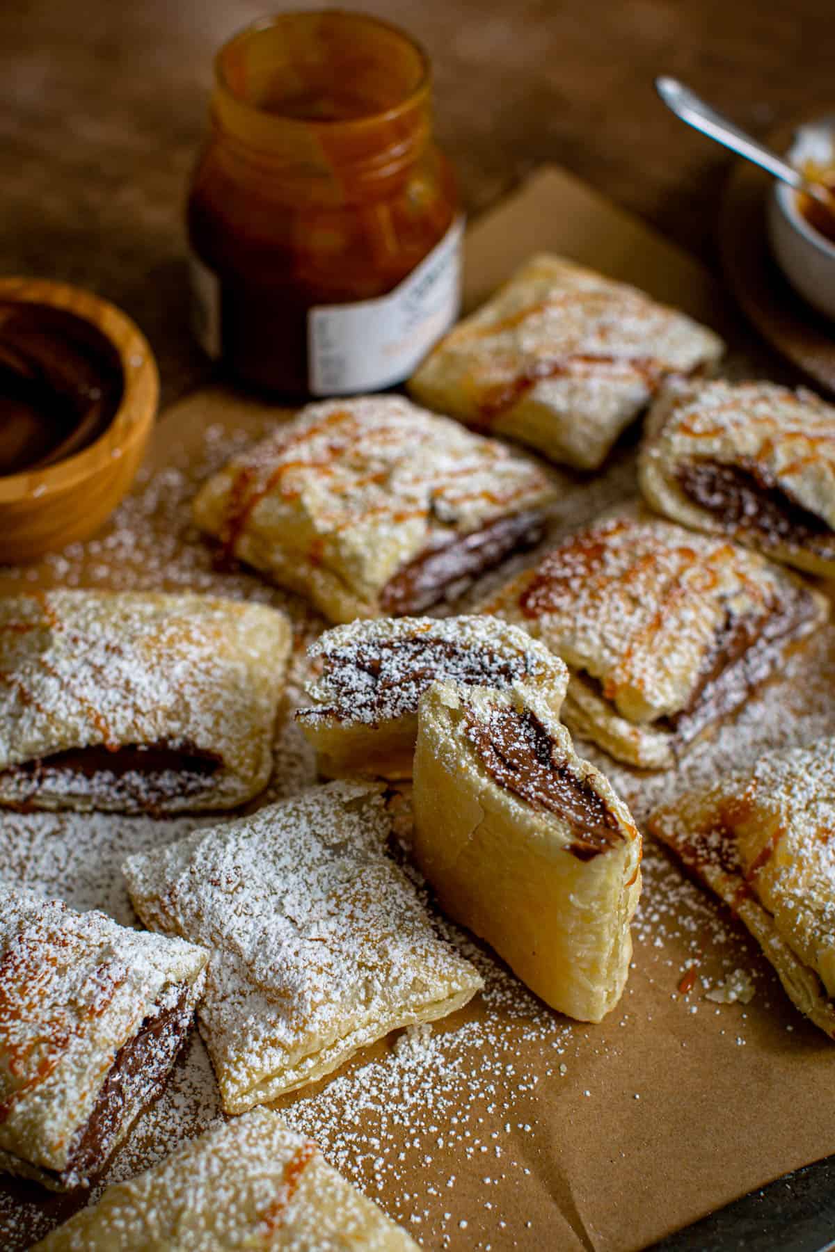 Nutella with puff pastry covered in powdered sugar.