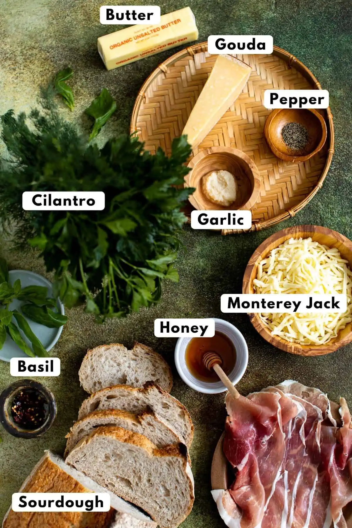 Garlic bread grilled cheese ingredients.