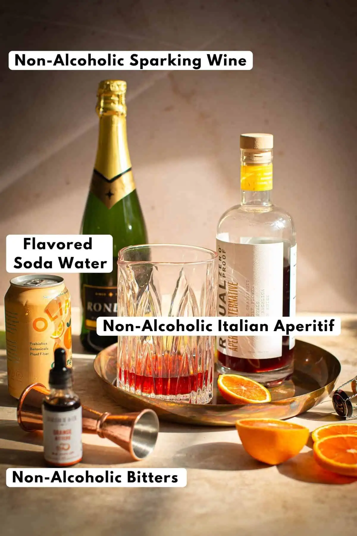 Non-alcoholic Aperol spritz ingredients.