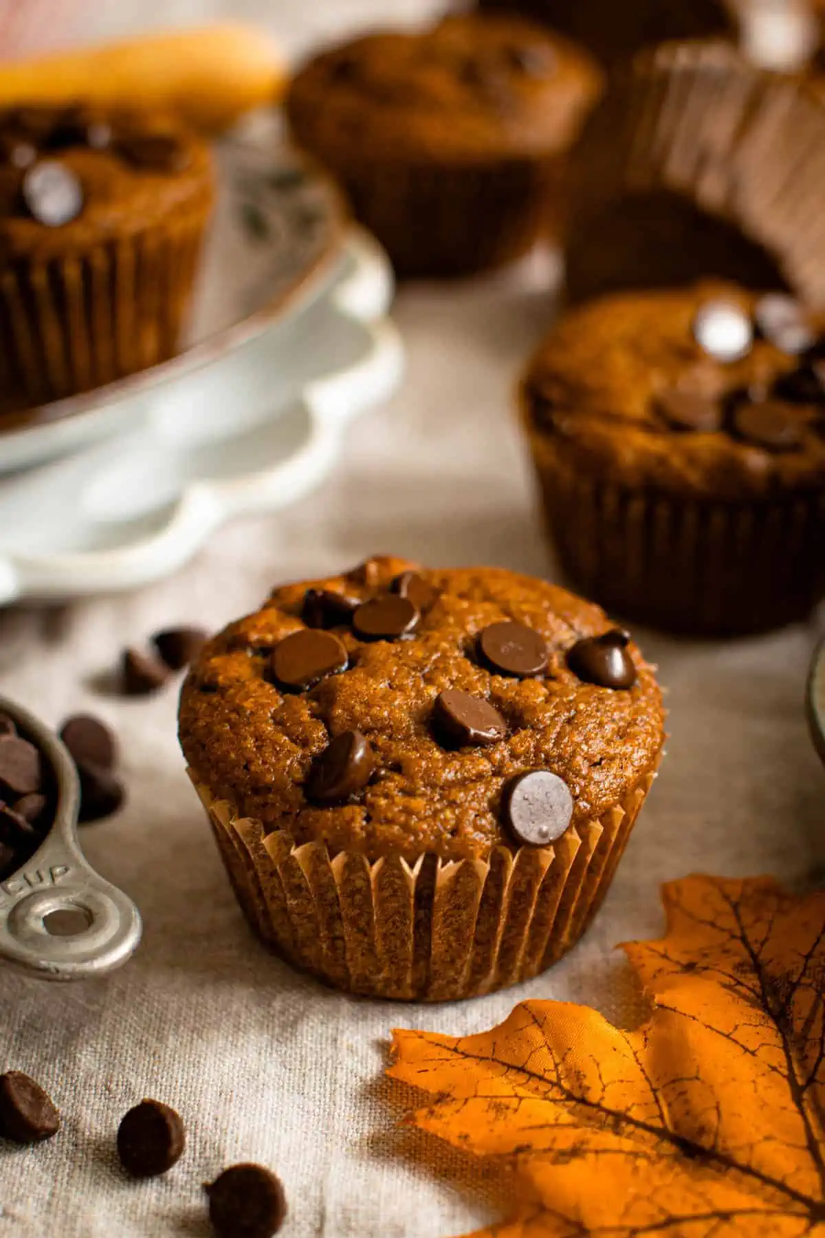 Almond flour pumpkin muffins with chocolate chips.