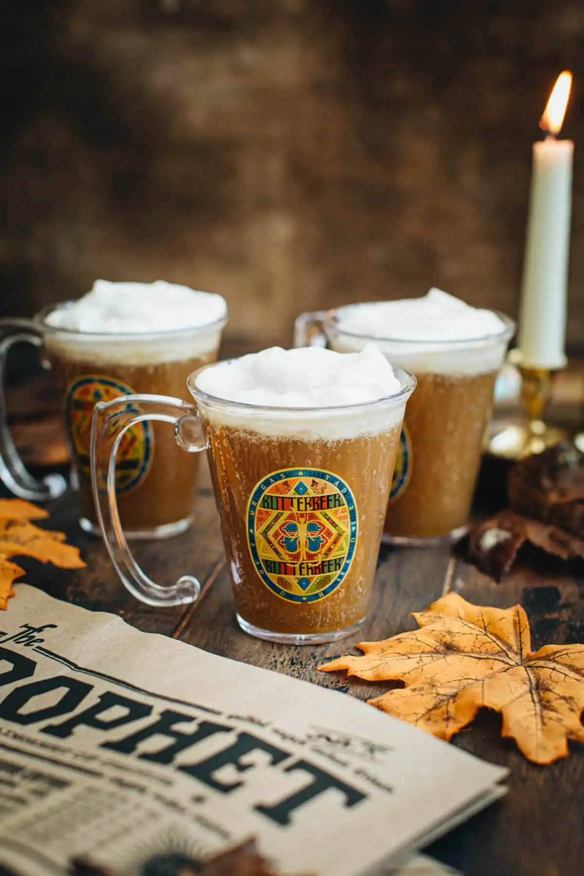 Harry Potter butterbeer recipe in a butterbeer cup.