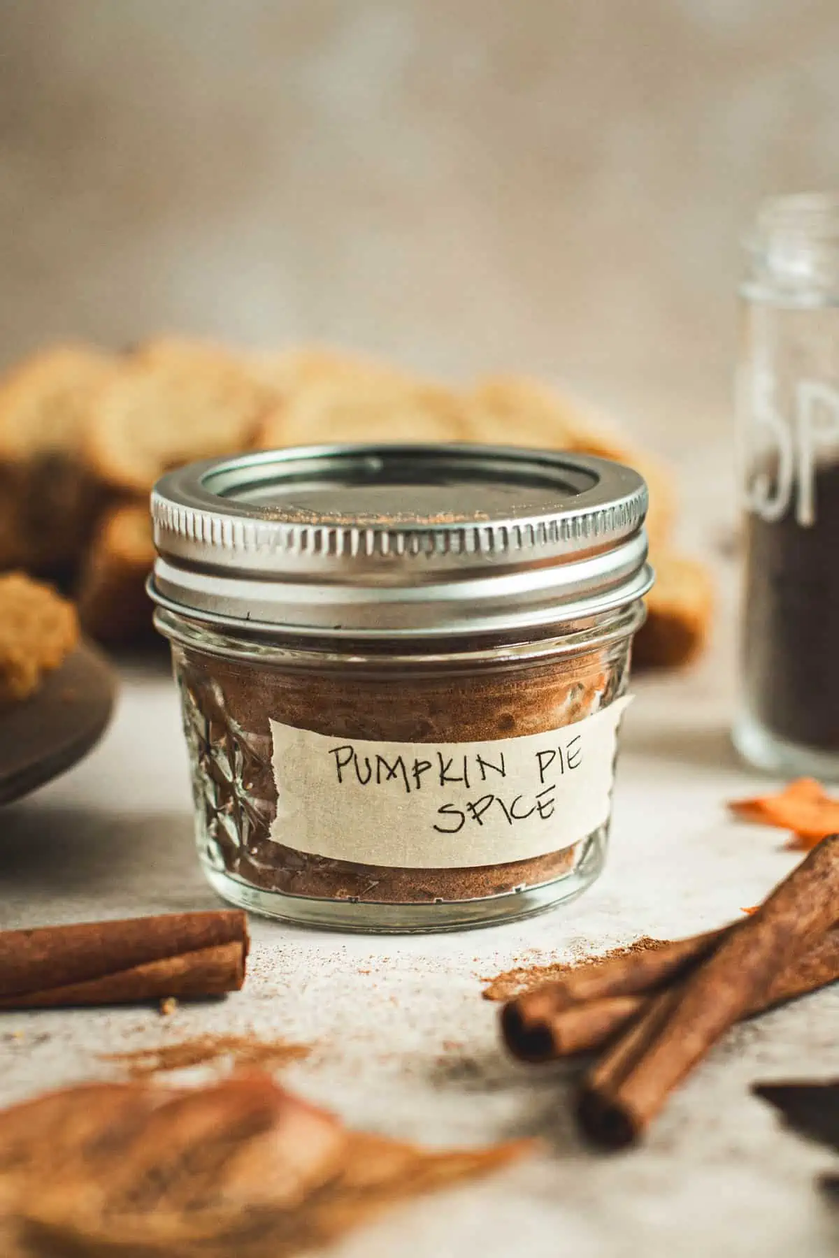 Pumpkin pie spice in a jar with a homemade label.