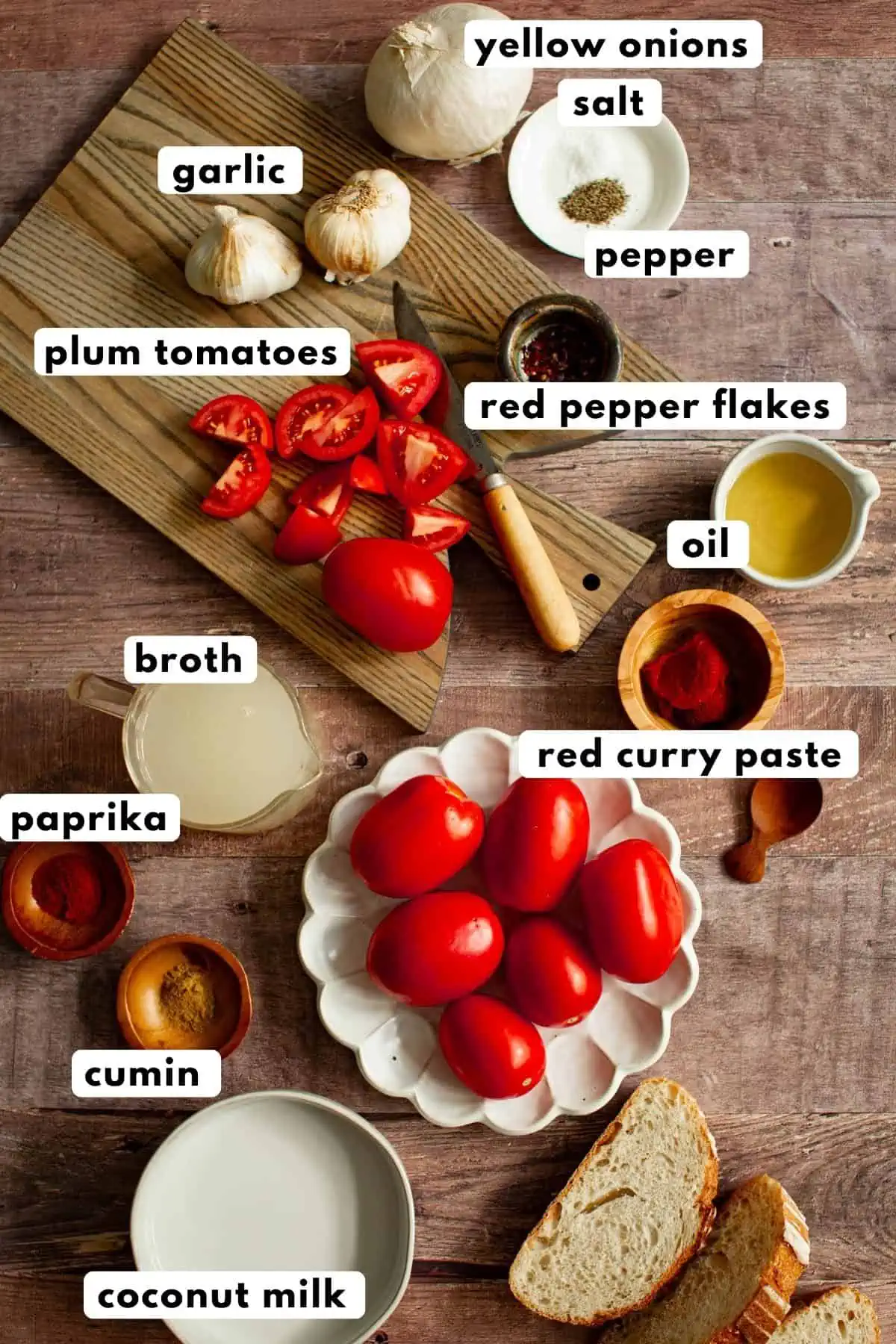 Spicy tomato soup ingredients.