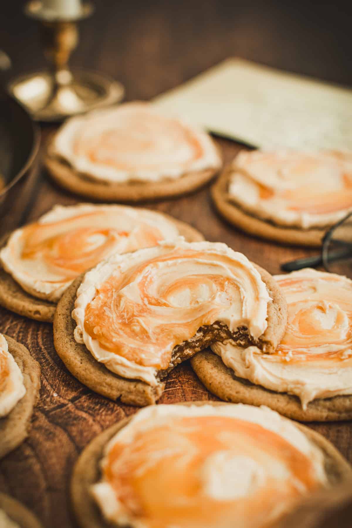 Butterbeer cookies sitting on top of each other.