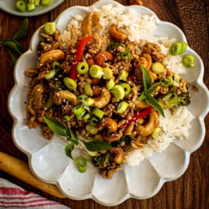 Cashew chicken stir fry over rice.