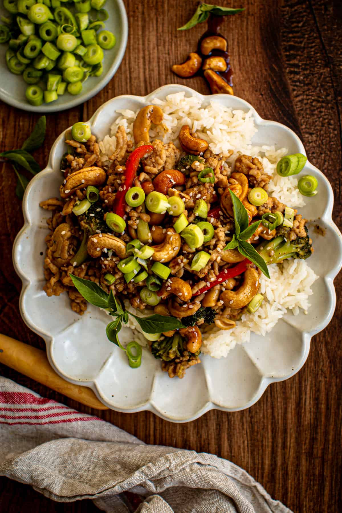 Cashew chicken stir fry over rice.