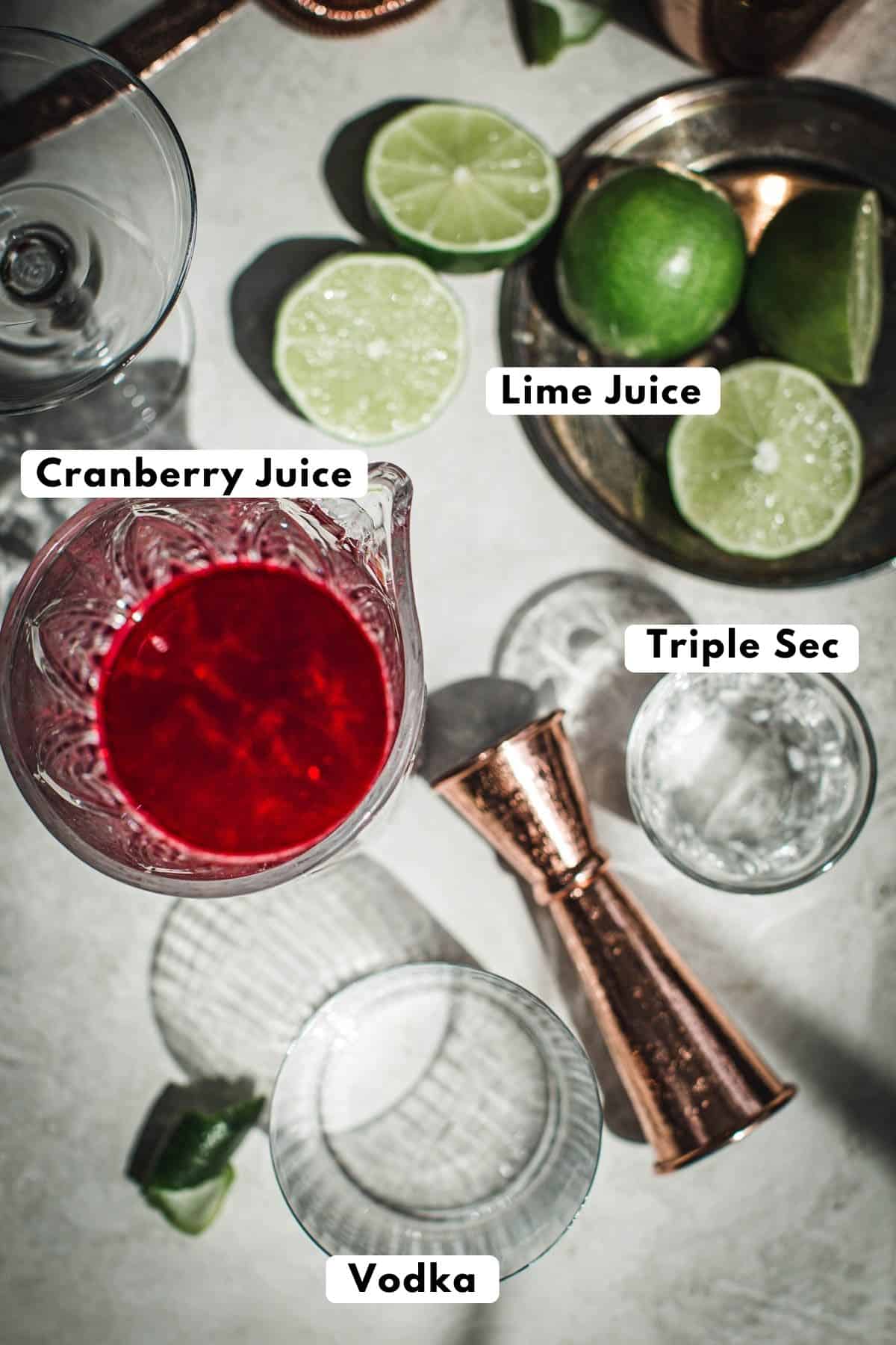 Cosmopolitan cocktail ingredients.