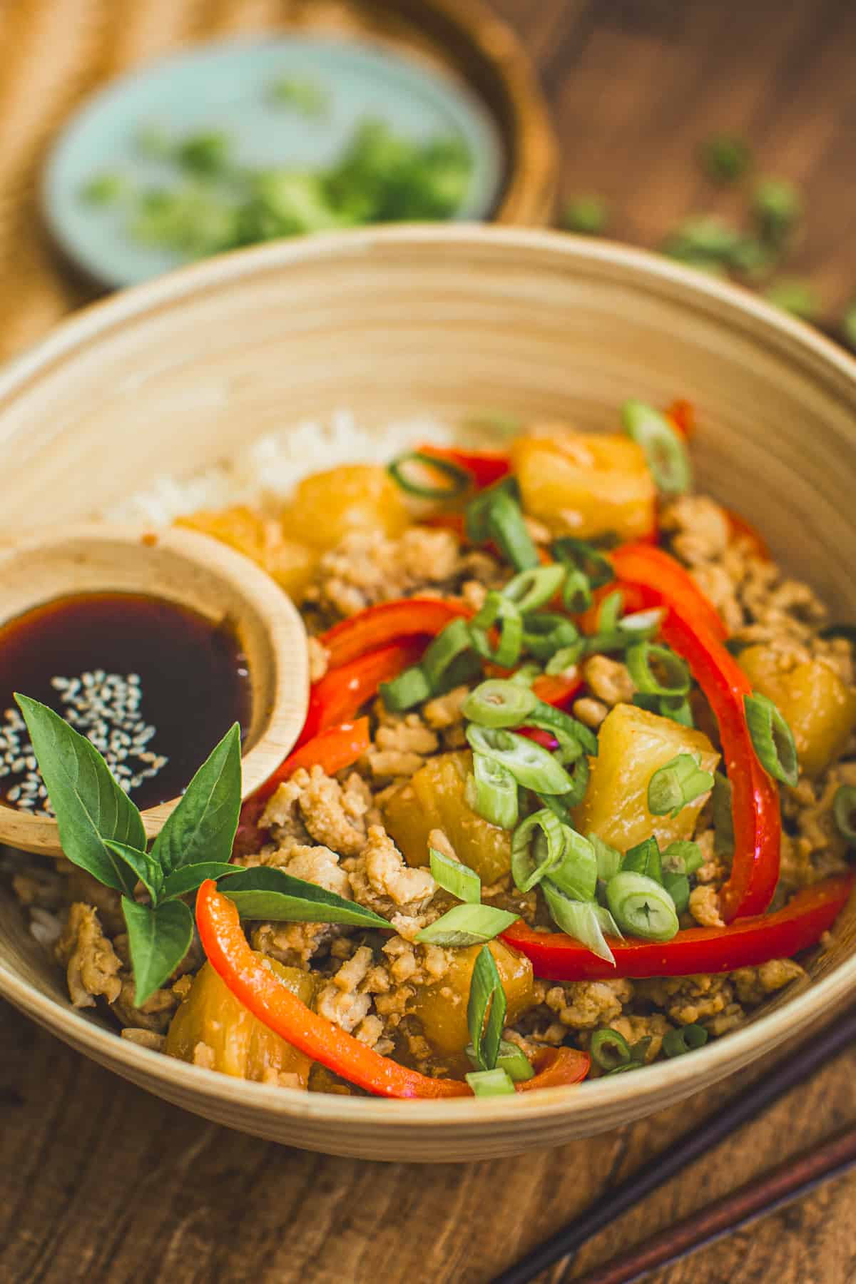 Pineapple teriyaki chicken over rice.