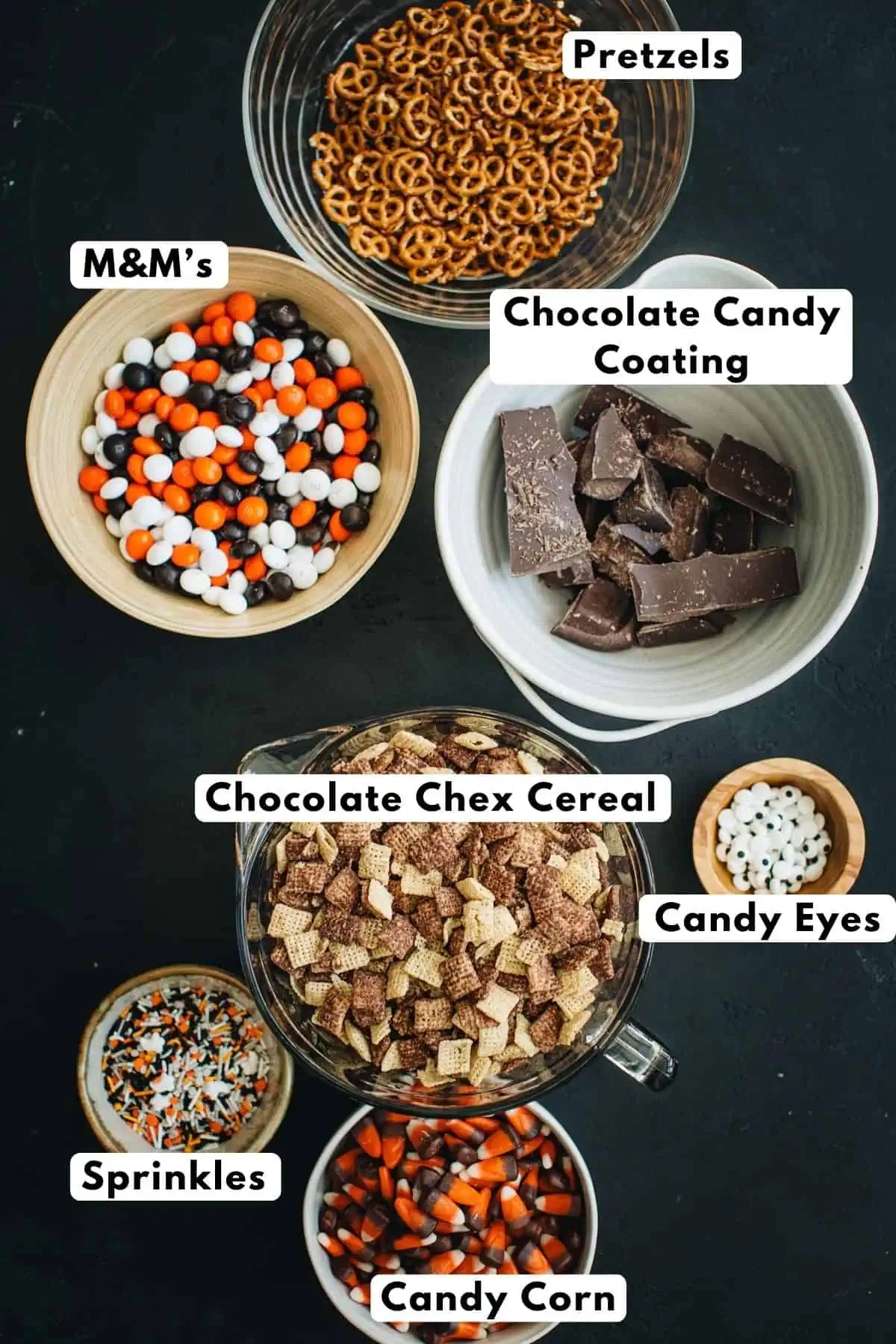 Halloween snack mix ingredients.