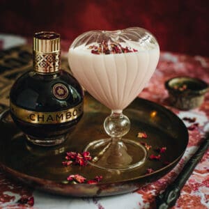 Amortentia cocktail in a heart-shaped glass.