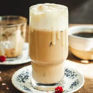 Iced white chocolate mocha in a tall glass.