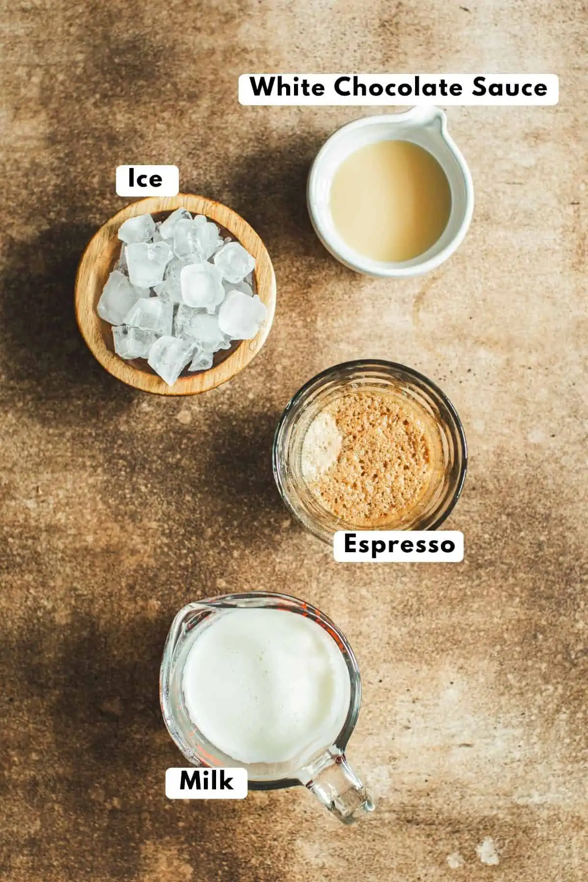 Iced white chocolate mocha ingredients.